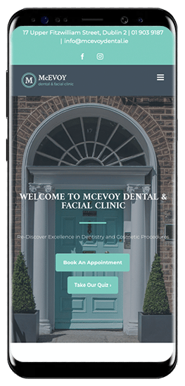 The image is displaying the contact information for Mcevoy Dental & Facial Clinic, inviting customers to book an appointment