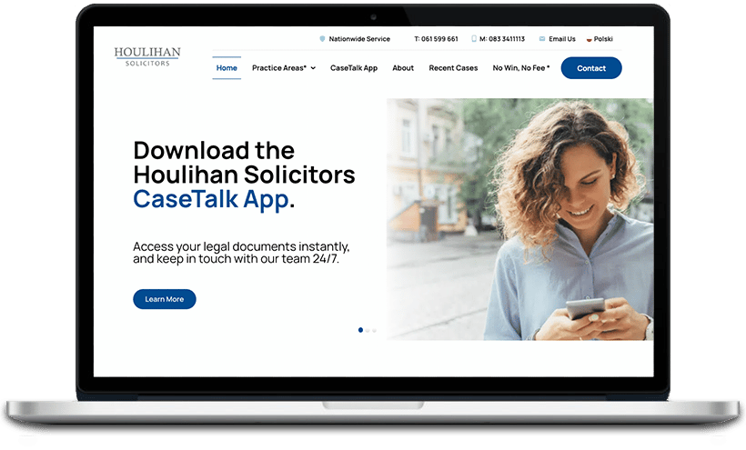 The image is promoting the Houlihan Solicitors CaseTalk App, which allows users to access legal documents and communicate with the team 24/7.