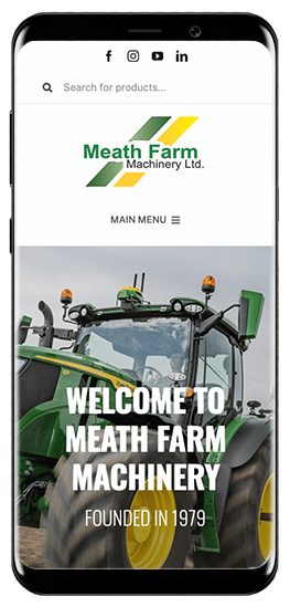 This image is showing the main menu of Meath Farm Machinery Ltd., a company founded in 1979, which allows users to search for products.