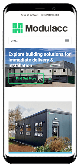 The image is advertising Modulacc, a company that provides building solutions for immediate delivery and installation.