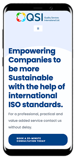 This image is advertising Quality Services International Ltd.'s services to help companies become more sustainable through the use of international ISO standards, and encourages viewers to book a 20-minute consultation.