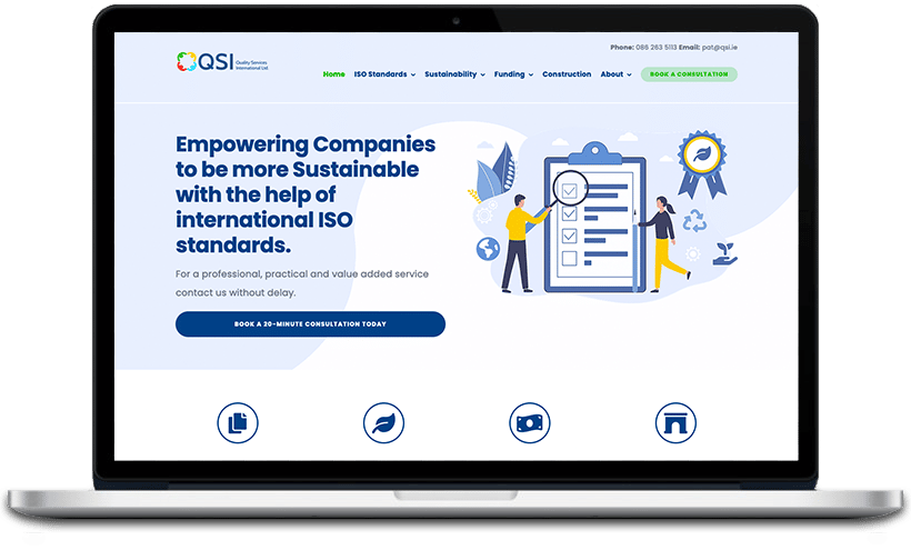 This image is advertising a consultation service to help companies become more sustainable with the help of international ISO standards.